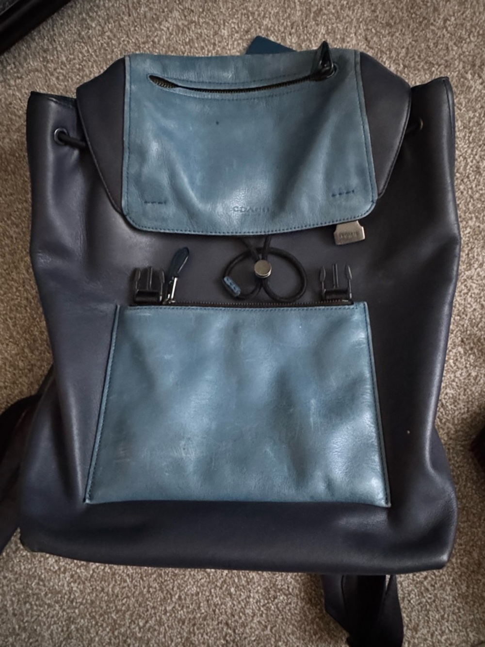 Coach Leather Backpack in Navy Blue and Teal
